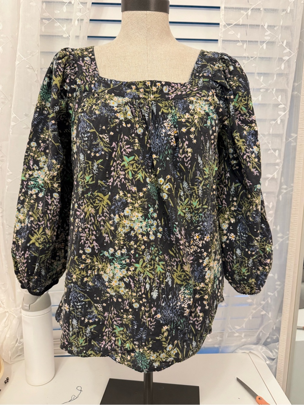 LC Lauren Conrad Black Floral Square-Neck Blouse